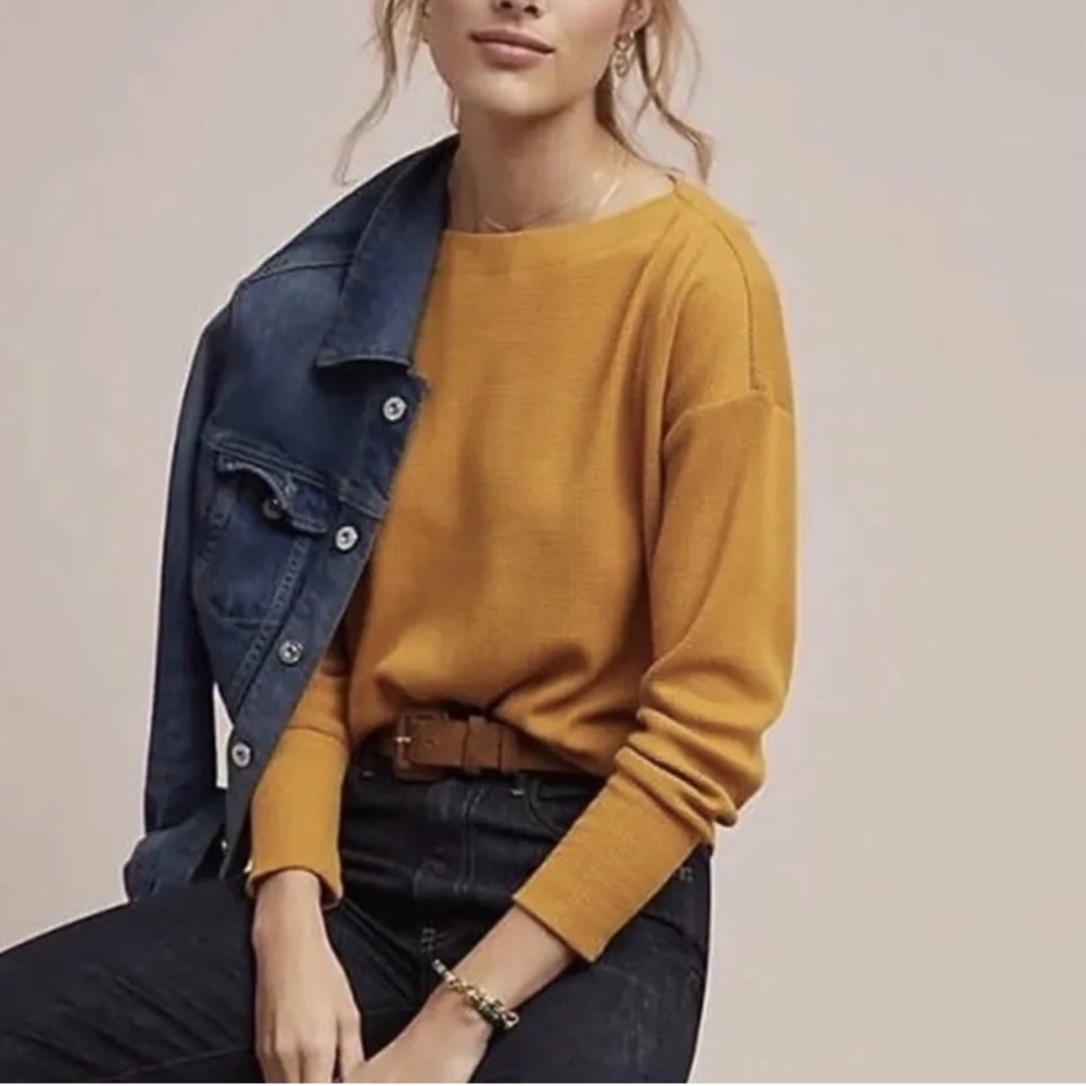 Anthropologie Akemi + Kin Mustard Yellow Waffle Knit Boat Neck Thermal- Small